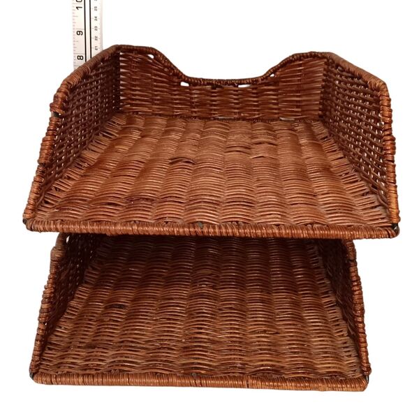 VTG Wicker Rattan 2-Tier Desk File Tray Mail/Letter Office Organizer Boho Style - Picture 7 of 9